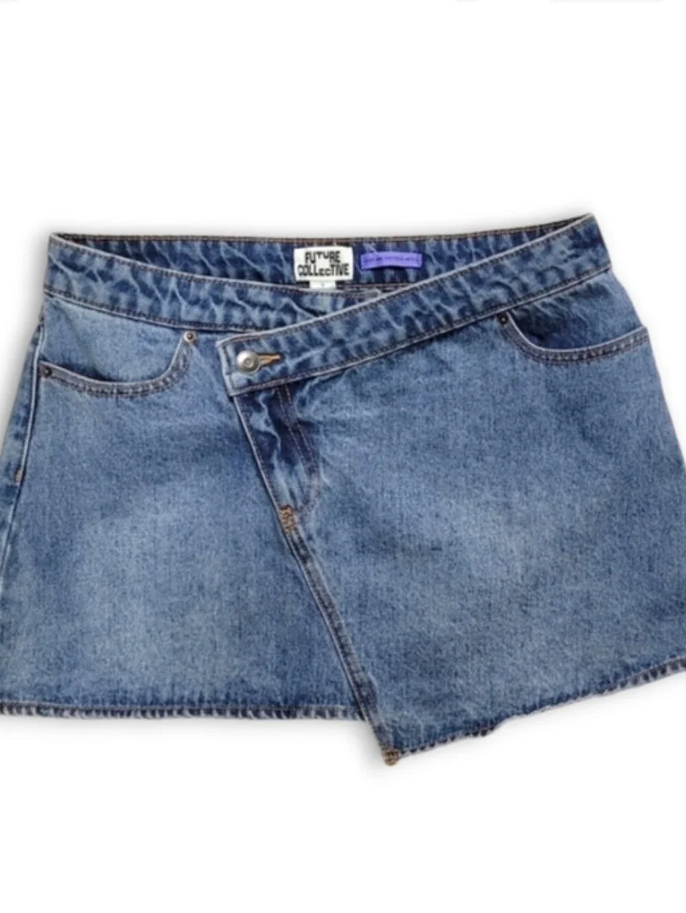Future Collective Kehlana Barfield Asymmetrical Mini Denim Skirt
